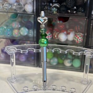 Handcrafted Elegant Silver and Green Decorative Beaded Pen